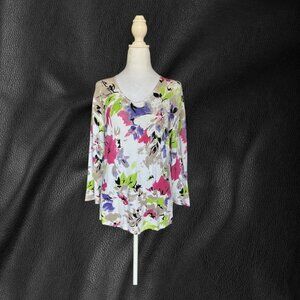 Peck & Peck Floral Print Lightweight Knit Top w/Sequin & Bead Accents Size XL